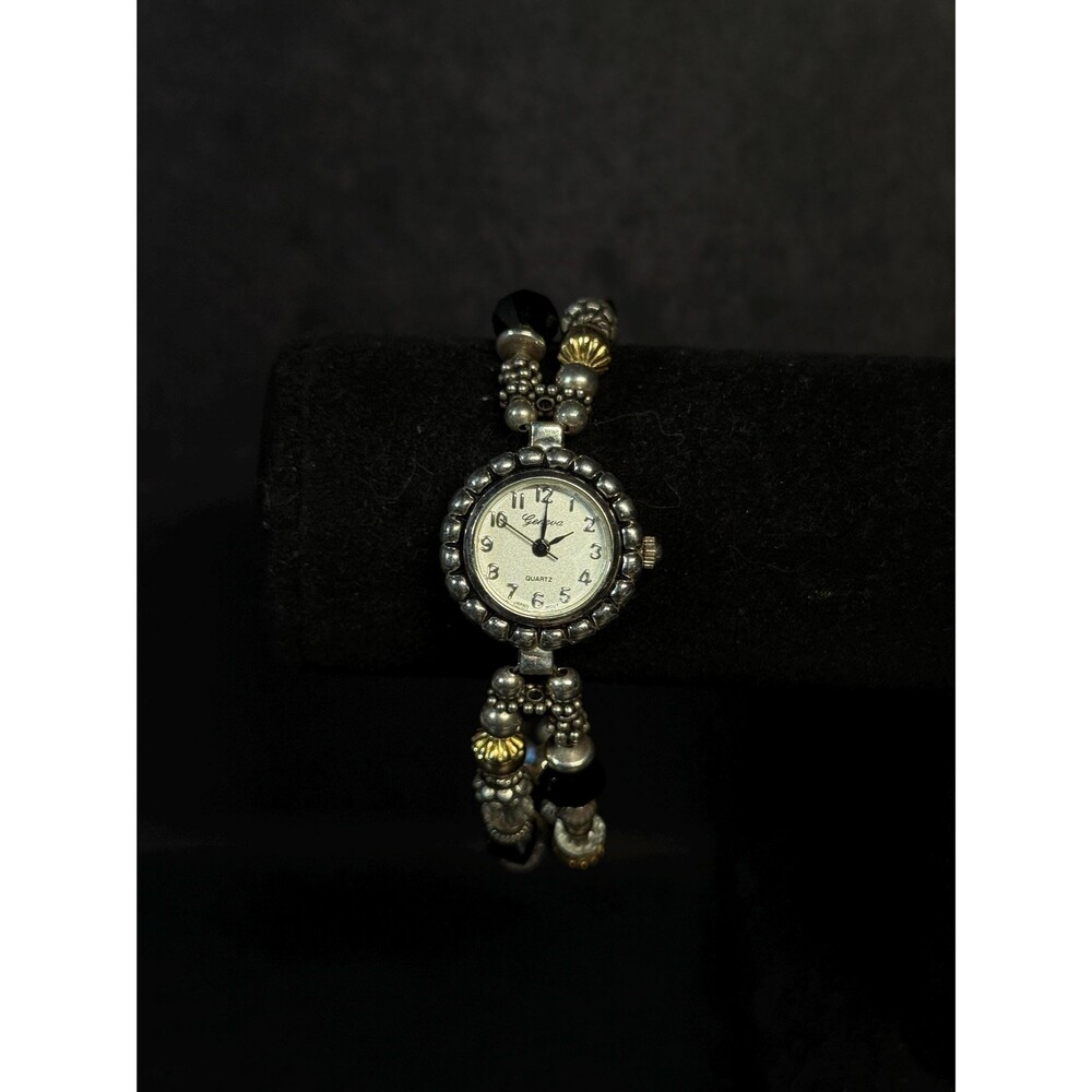 Sterling Silver Beaded Geneva Quartz Bracelet Watch Black Crystal 8"